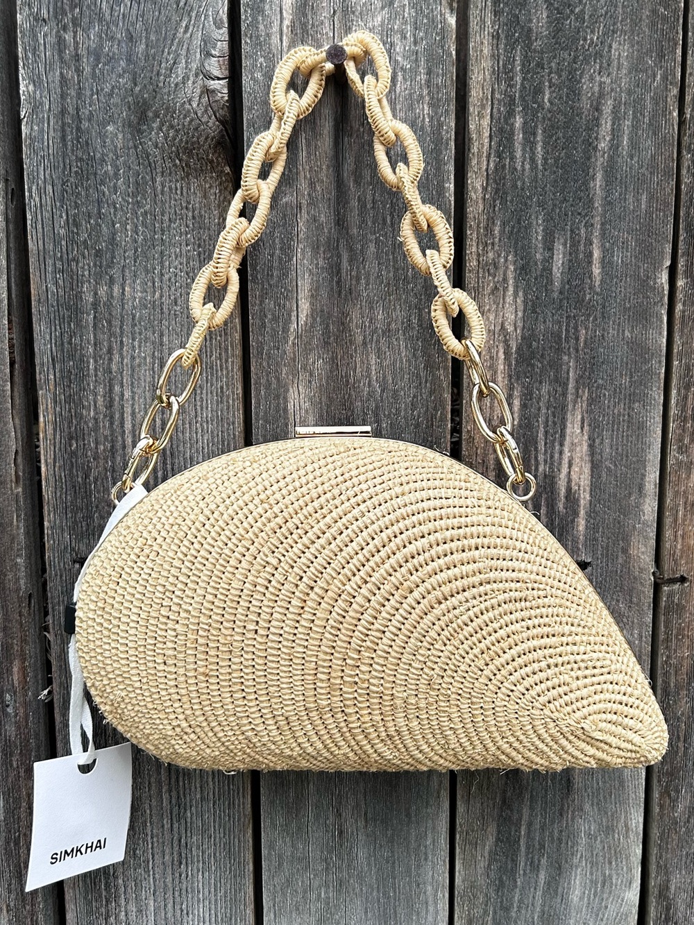 NWT Jonathan Simkhai Bridget Raffia Oyster Shell Clutch Natural Beige